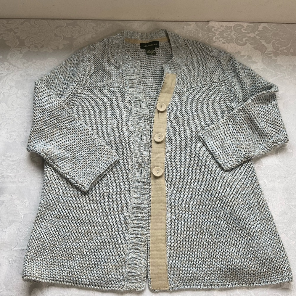 Eddie Bauer Linen Blend Cardigan Oatmeal Beige 3/4 Sleeve Knit Size Small - Picture 3 of 8